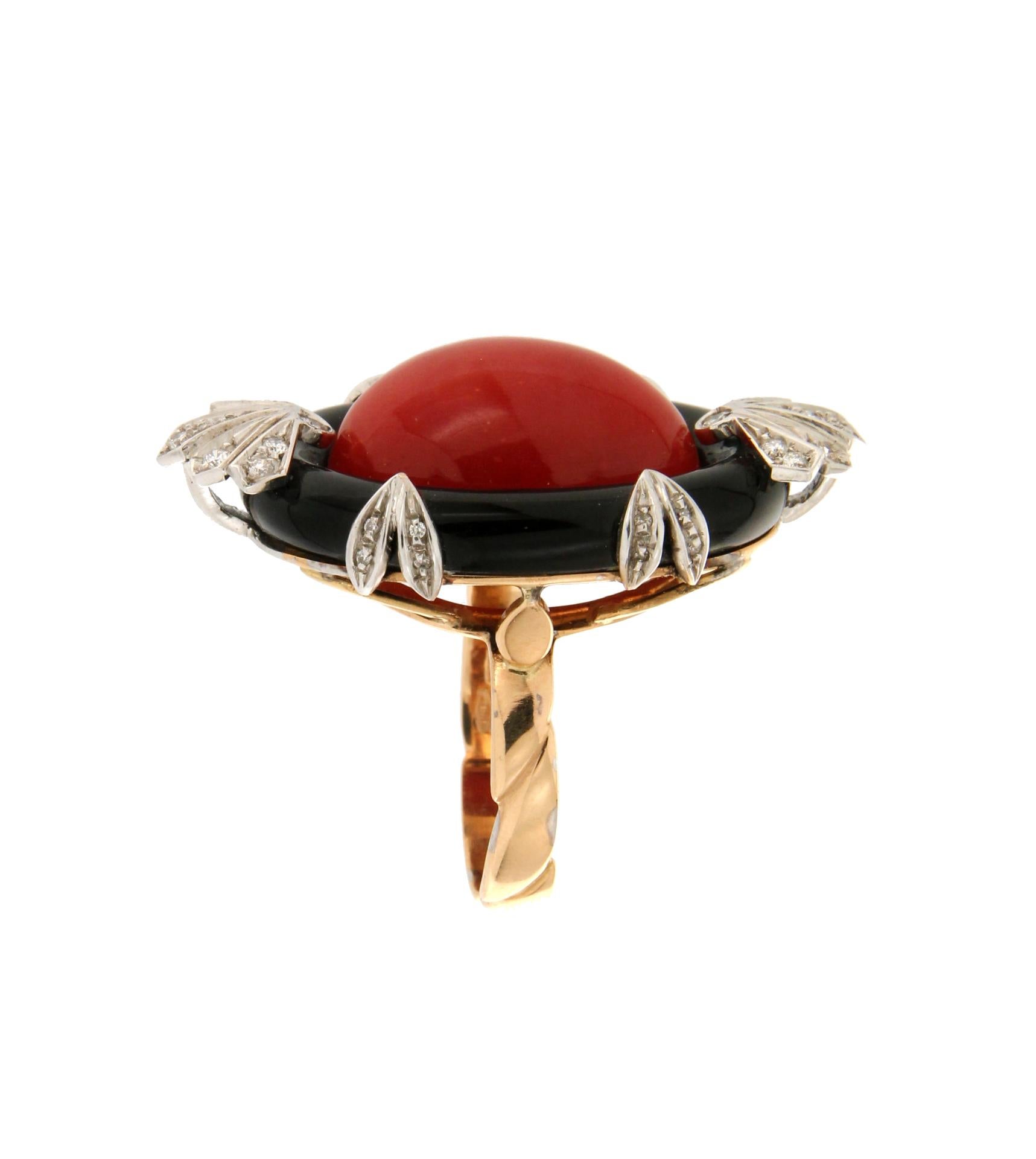 Handcraft Coral 18 Karat Yellow and White Gold Onyx Diamonds Cocktail Ring For Sale 2