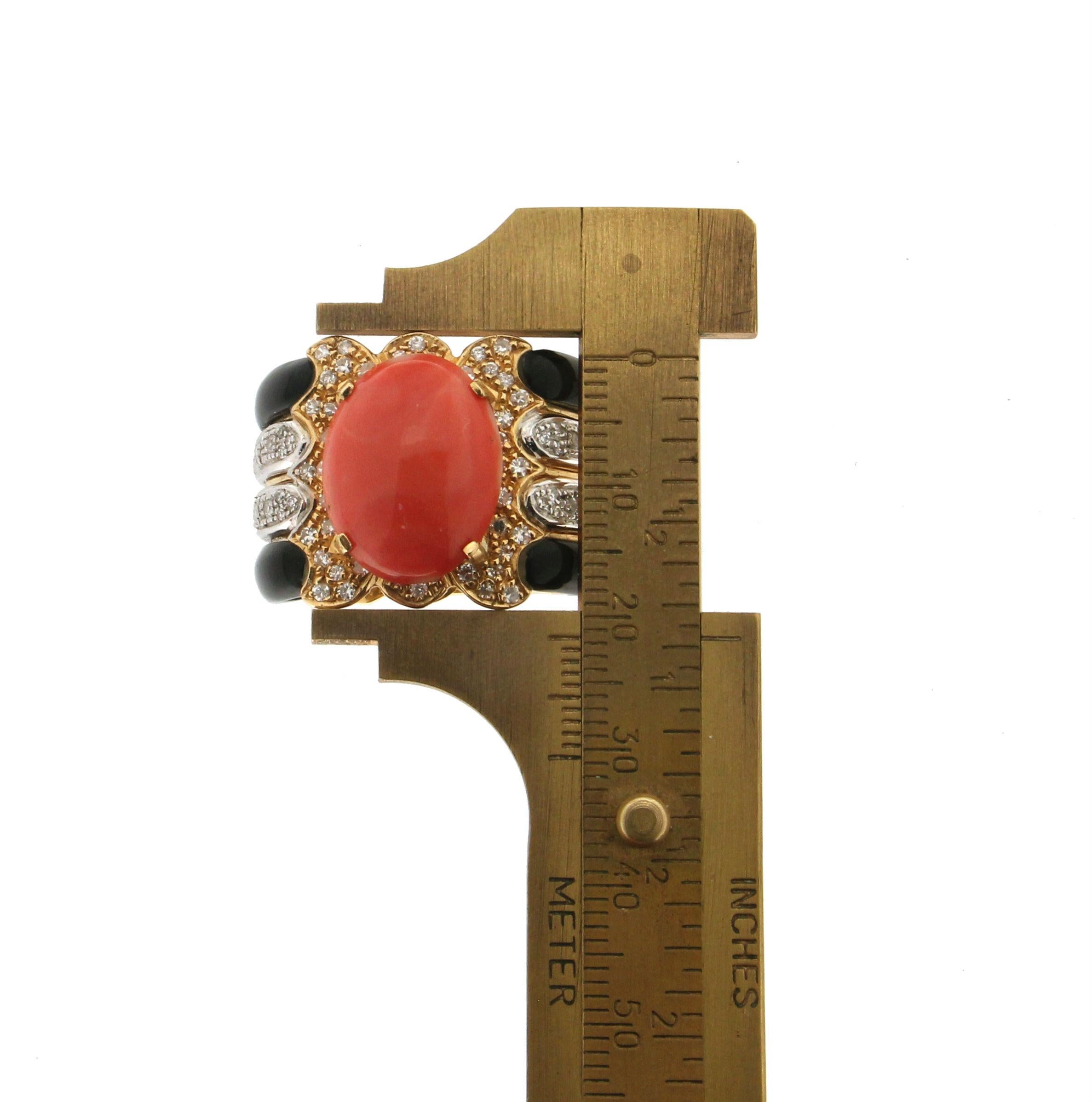 Handcraft Coral 18 Karat Yellow and White Gold Onyx Diamonds Cocktail Ring For Sale 4