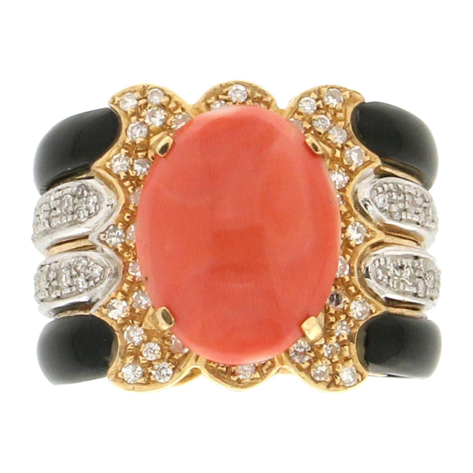 Handcraft Coral 18 Karat Yellow and White Gold Onyx Diamonds Cocktail Ring For Sale