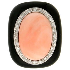 Handcraft Coral 18 Karat Yellow and White Gold Onyx Diamonds Cocktail Ring