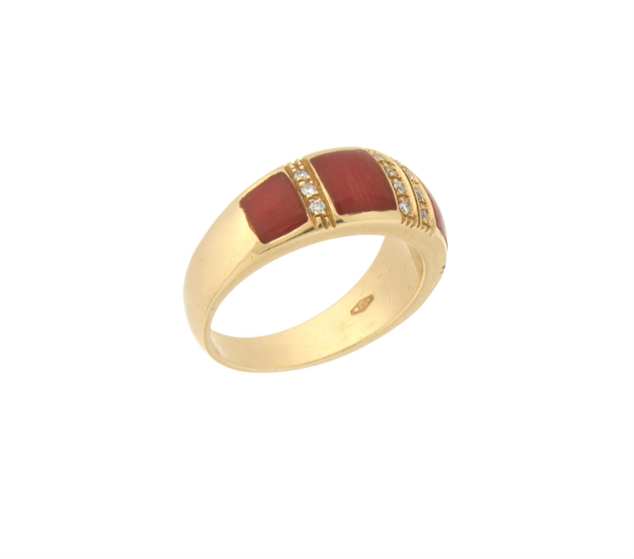 Brilliant Cut Handcraft Coral 18 Karat Yellow Gold Diamonds Band Ring For Sale