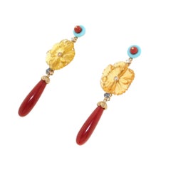 Handcraft Coral 18 Karat Yellow Gold Diamonds Citrine Flowers Drop Earrings