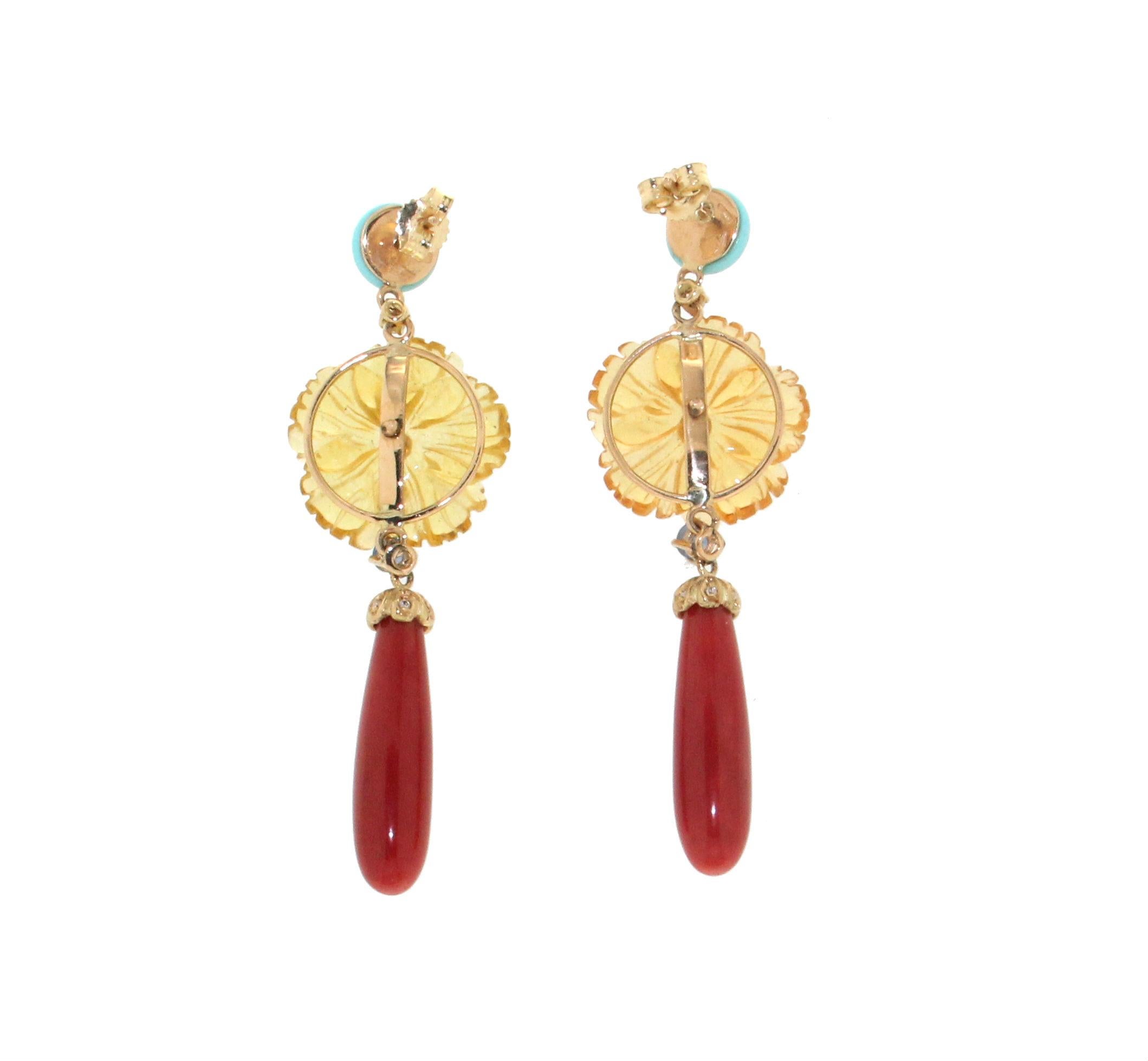 Artisan Handcraft Coral 18 Karat Yellow Gold Diamonds Citrine Flowers Drop Earrings For Sale