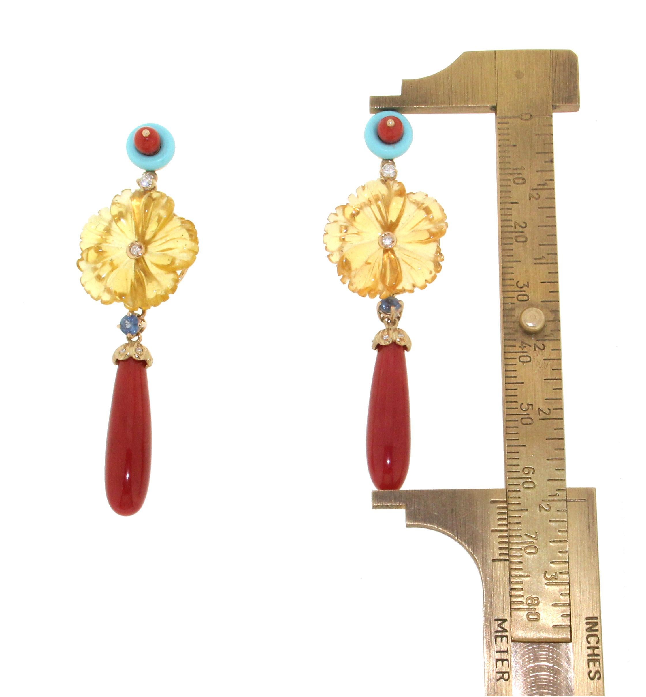 Mixed Cut Handcraft Coral 18 Karat Yellow Gold Diamonds Citrine Flowers Drop Earrings For Sale