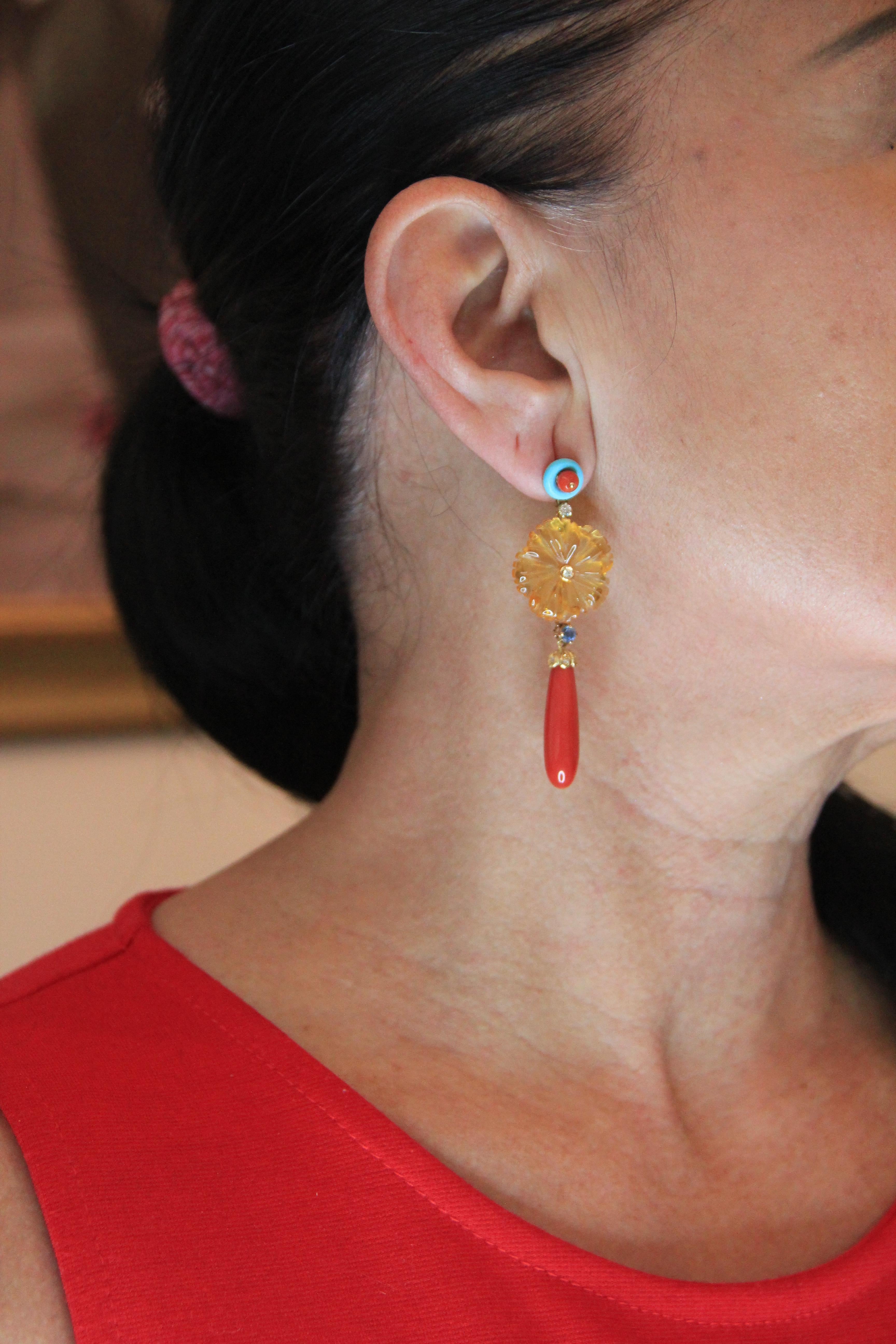 Handcraft Coral 18 Karat Yellow Gold Diamonds Citrine Flowers Drop Earrings In New Condition For Sale In Marcianise, IT