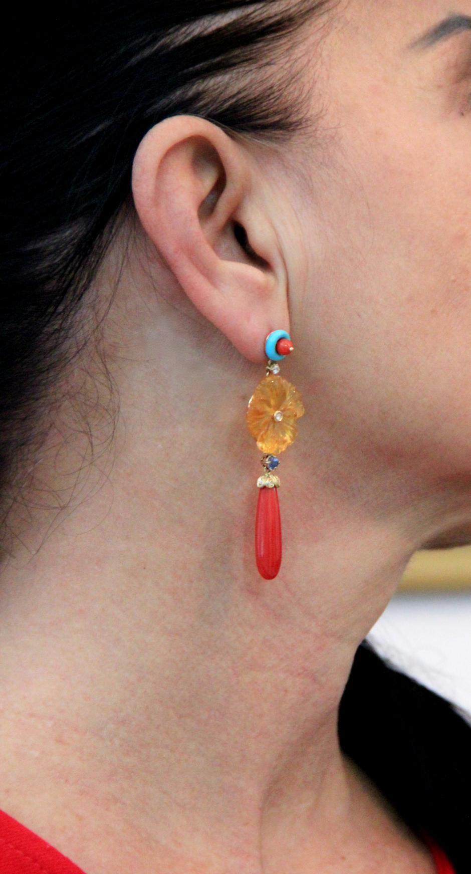 Handcraft Coral 18 Karat Yellow Gold Diamonds Citrine Flowers Drop Earrings For Sale 1