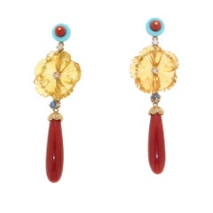 Boucles d'oreilles en goutte artisanales en or jaune 18 carats, corail, diamants et fleurs de citrine