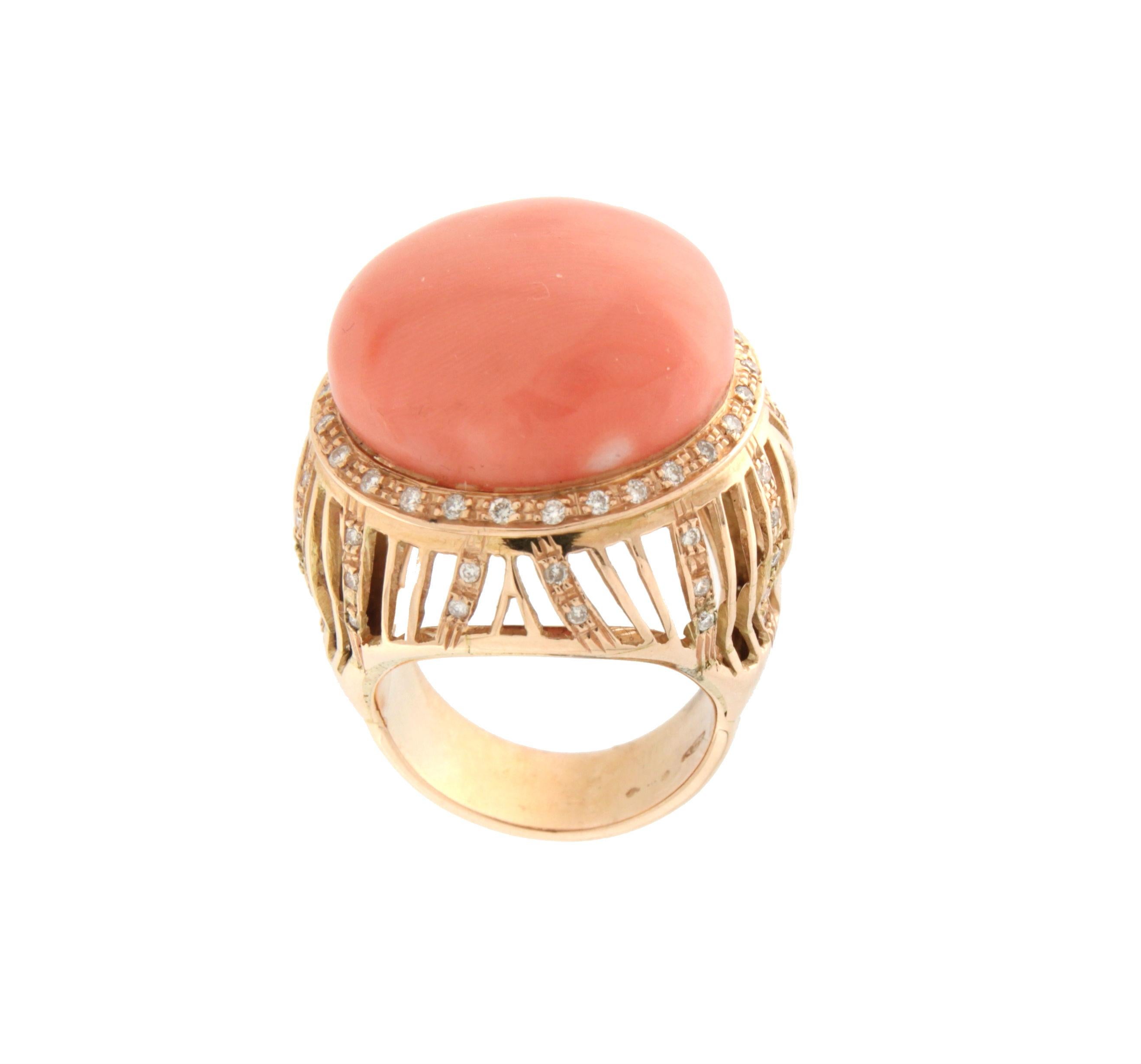 Brilliant Cut Handcraft Coral 18 Karat Yellow Gold Diamonds Cocktail Ring For Sale