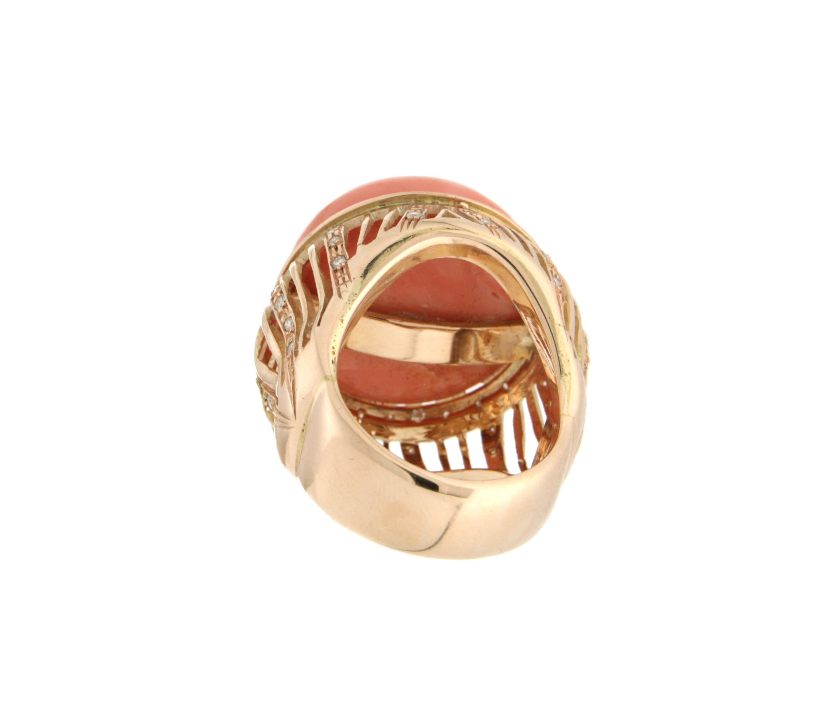 Women's or Men's Handcraft Coral 18 Karat Yellow Gold Diamonds Cocktail Ring For Sale