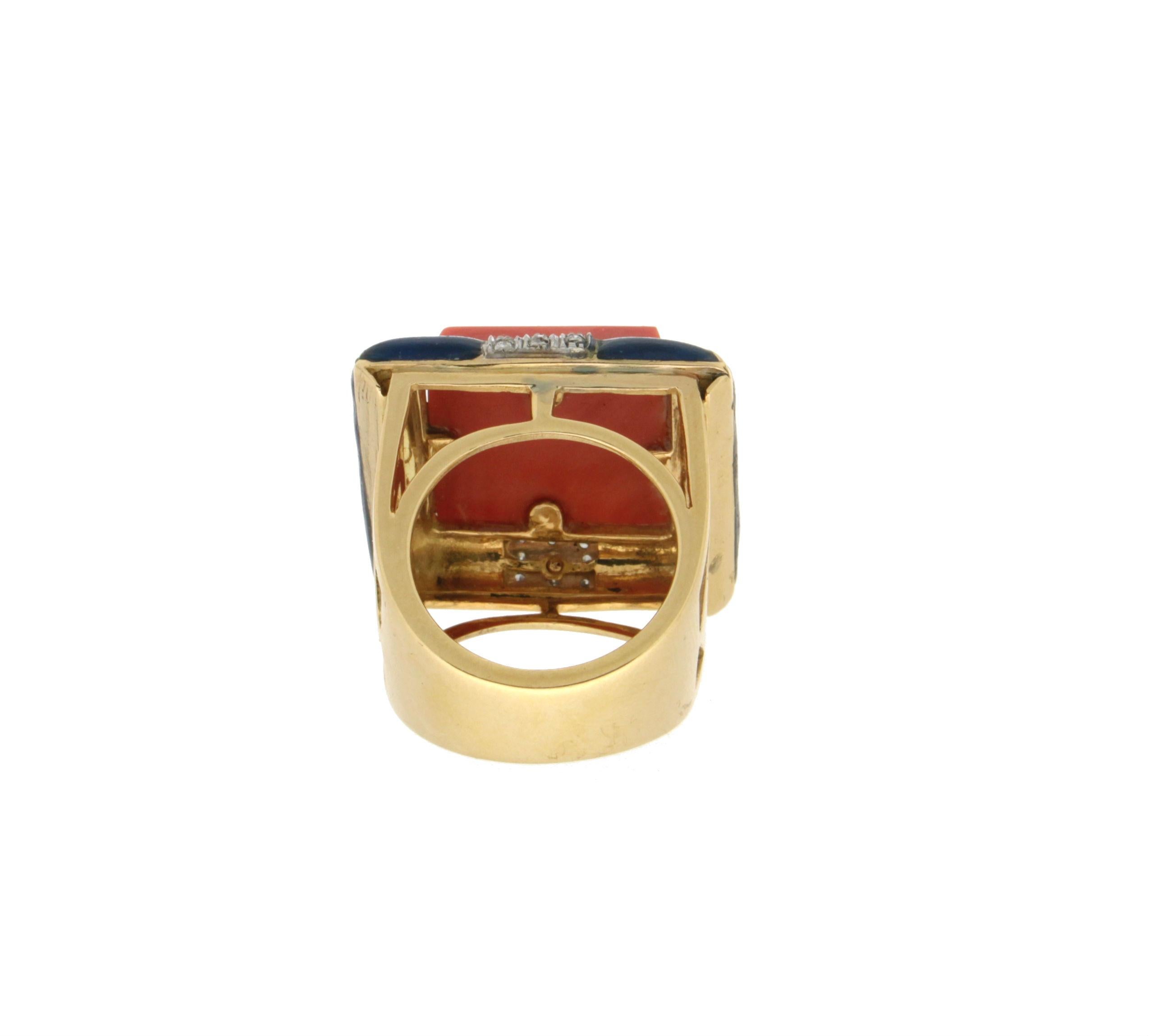 Handcraft Coral 18 Karat Yellow Gold Diamonds Cocktail Ring For Sale 1