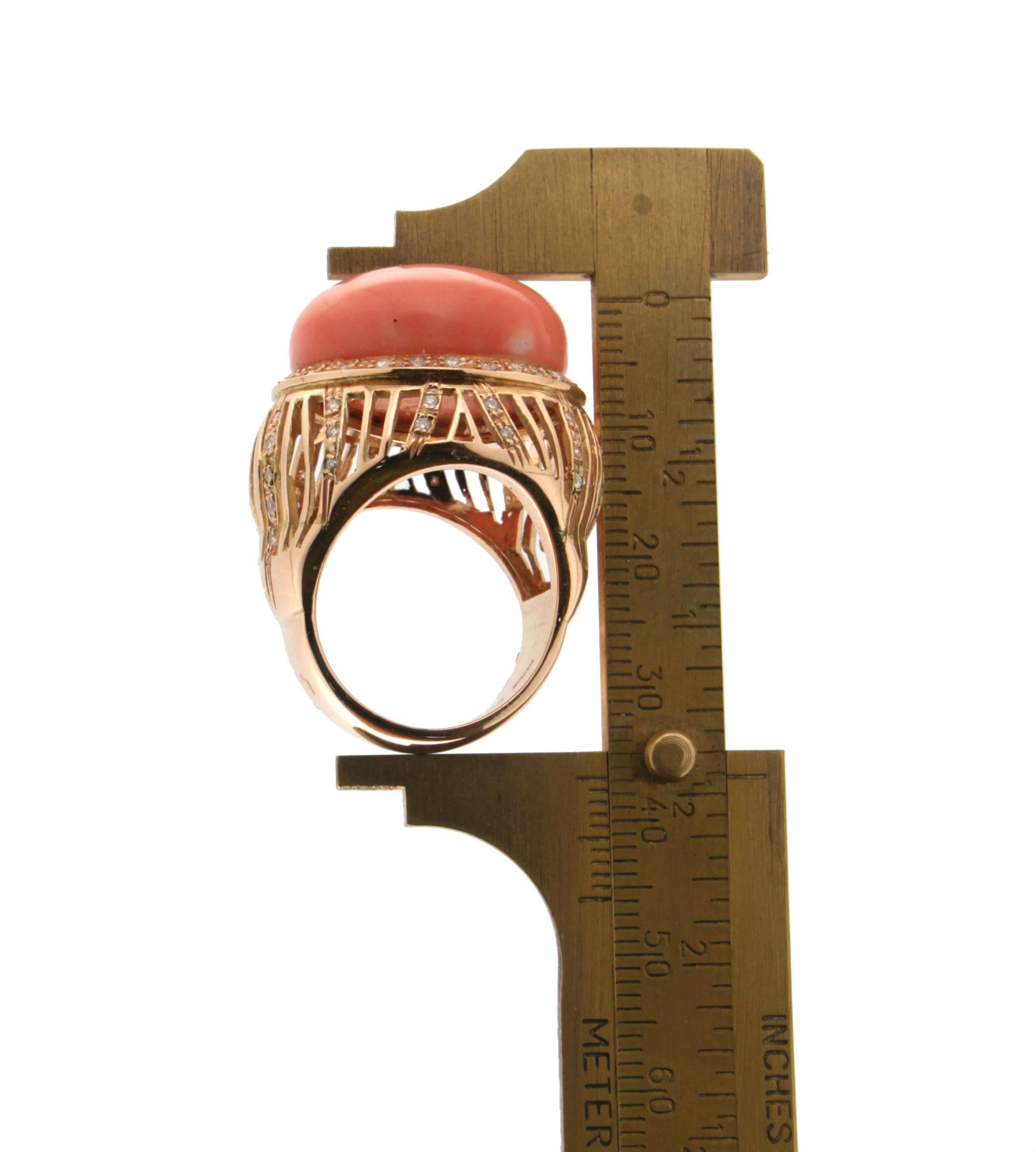 Handcraft Coral 18 Karat Yellow Gold Diamonds Cocktail Ring For Sale 2