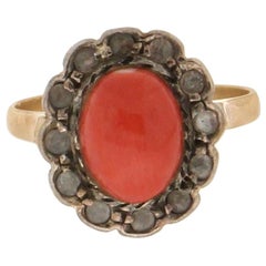 Anillo Cóctel Coral Artesanal Oro Amarillo 18 Kilates Diamantes