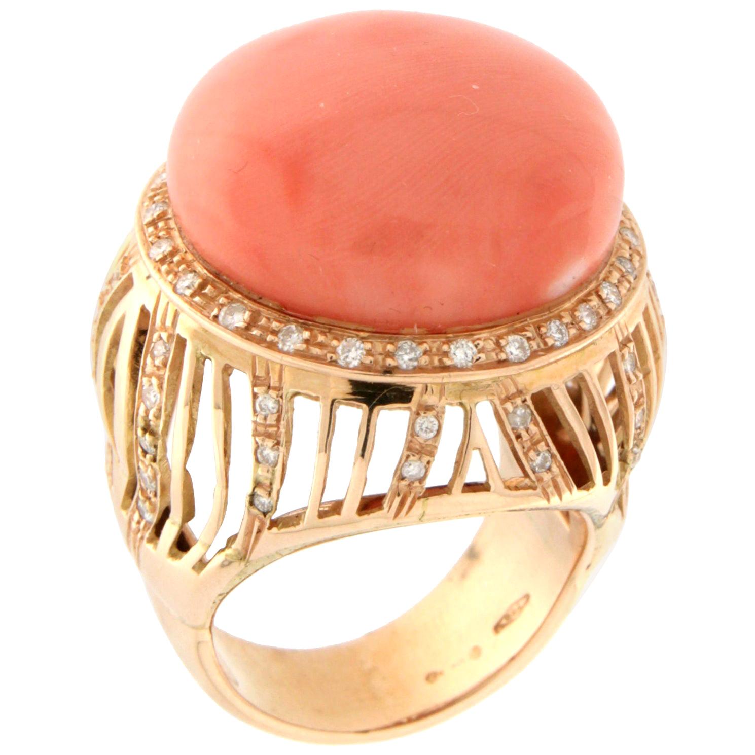 Handcraft Coral 18 Karat Yellow Gold Diamonds Cocktail Ring For Sale