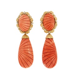 Handcraft Coral 18 Karat Yellow Gold Diamonds Drop Earrings