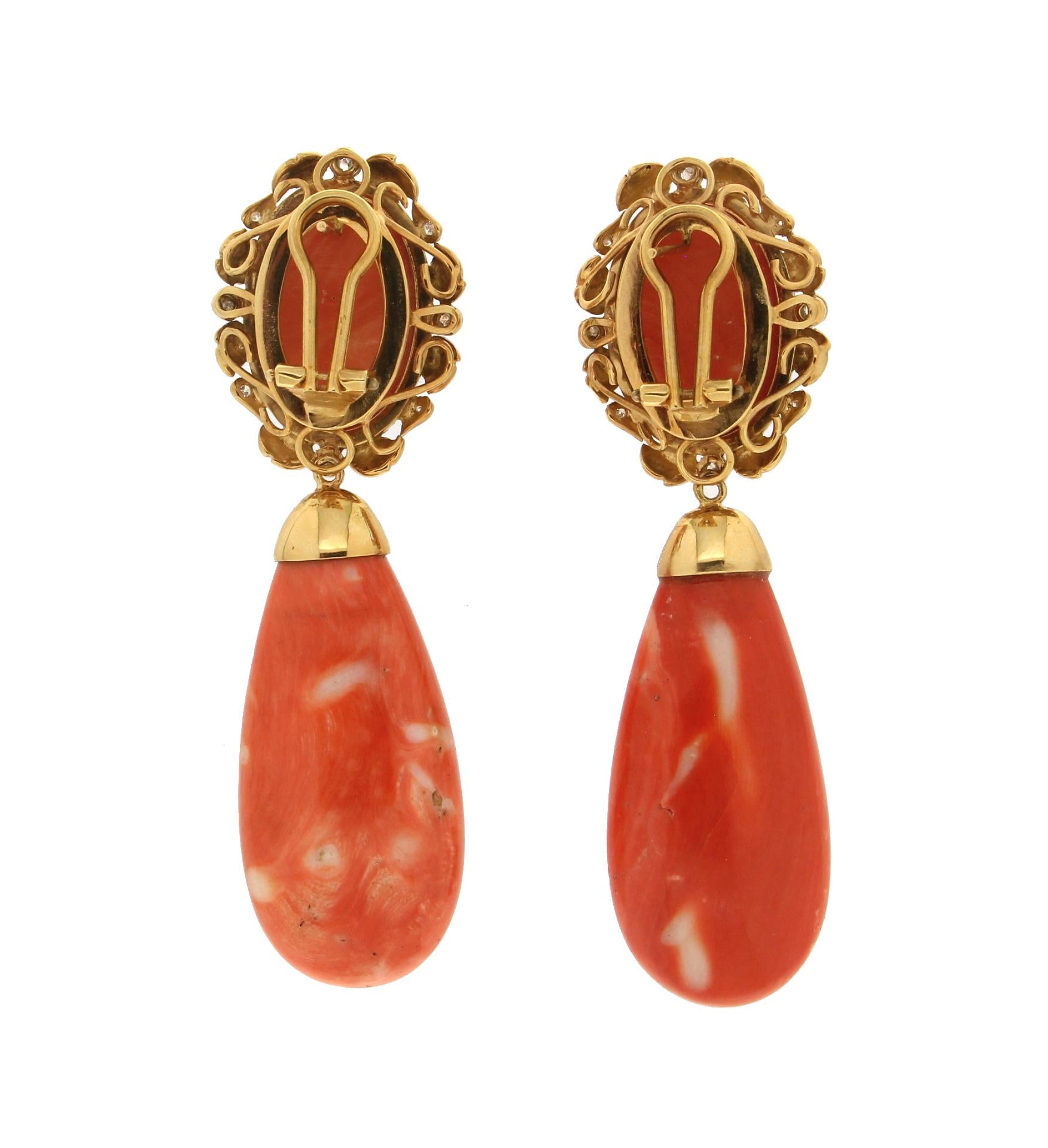 Retro Handcraft Coral 18 Karat Yellow Gold Diamonds Drop Earrings For Sale