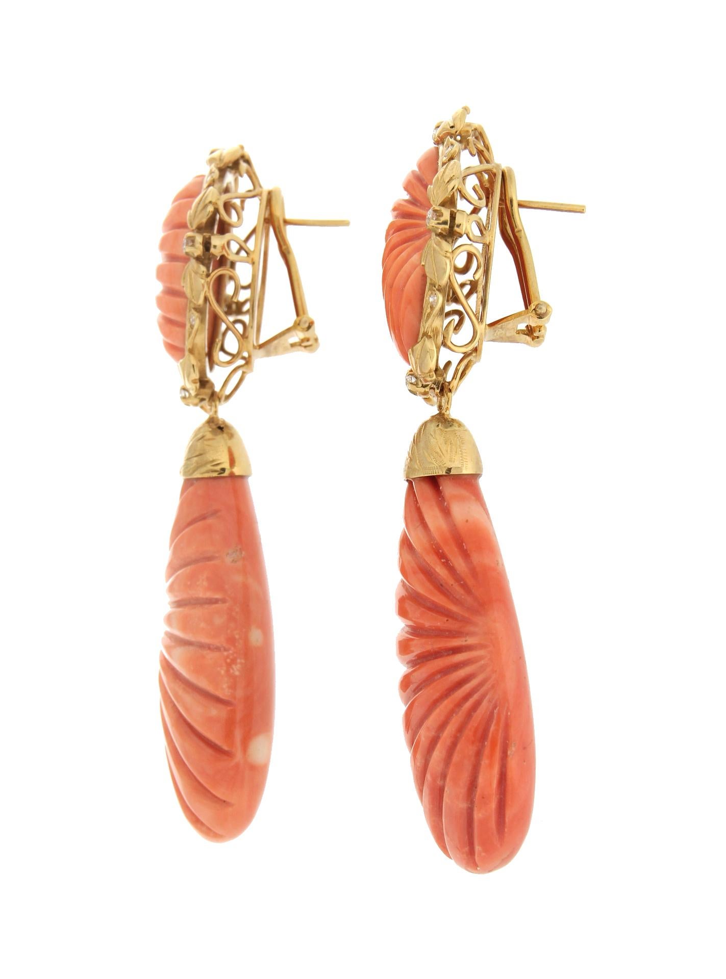 Brilliant Cut Handcraft Coral 18 Karat Yellow Gold Diamonds Drop Earrings For Sale