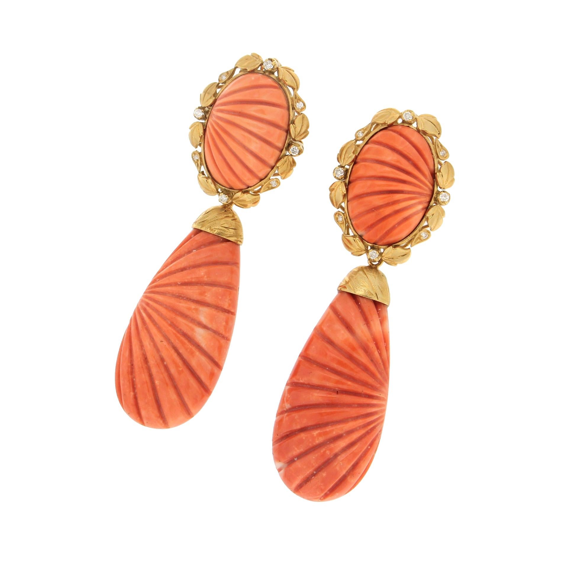 Women's Handcraft Coral 18 Karat Yellow Gold Diamonds Drop Earrings For Sale