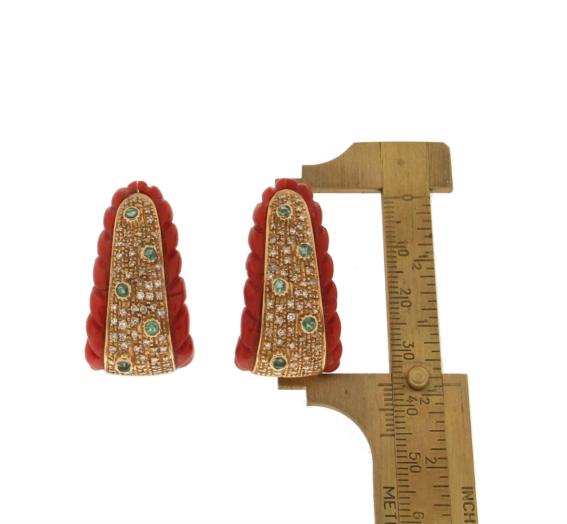 Women's or Men's Handcraft Coral 18 Karat Yellow Gold Diamonds Emeralds Stud Earrings For Sale