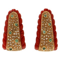 Handcraft Coral 18 Karat Yellow Gold Diamonds Emeralds Stud Earrings