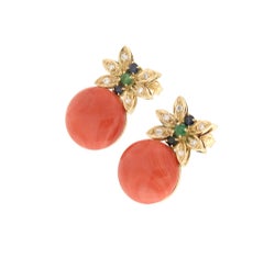 Handcraft Coral 18 Karat Yellow Gold Diamonds Sapphires Emeralds Stud Earrings