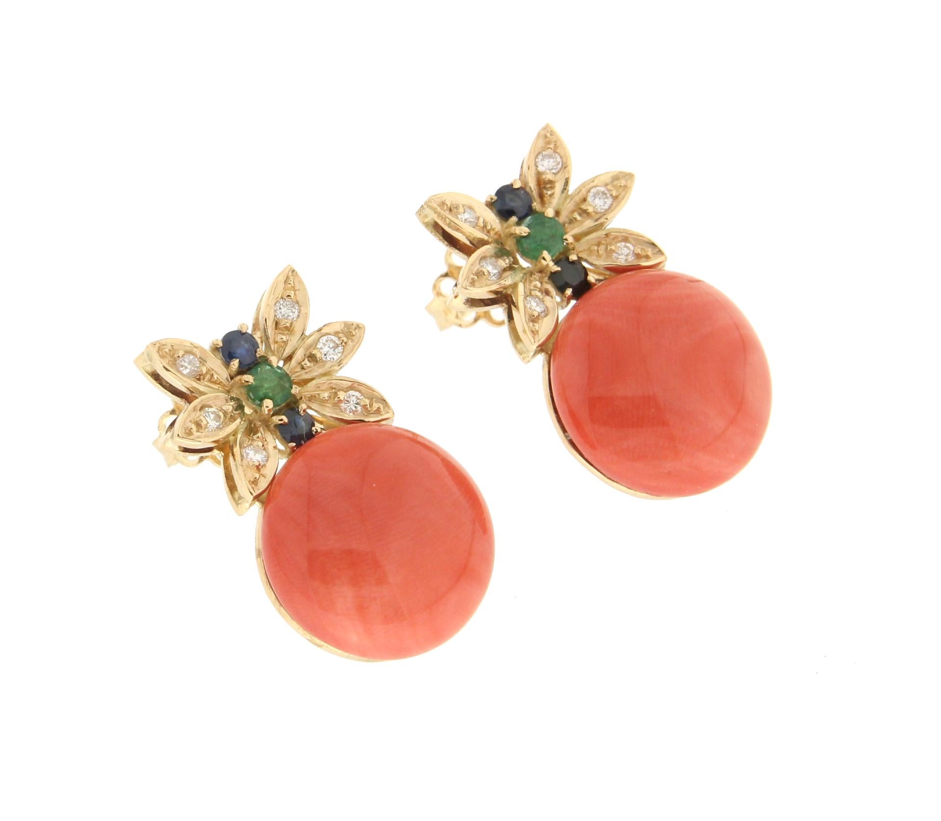 Artisan Handcraft Coral 18 Karat Yellow Gold Diamonds Sapphires Emeralds Stud Earrings For Sale