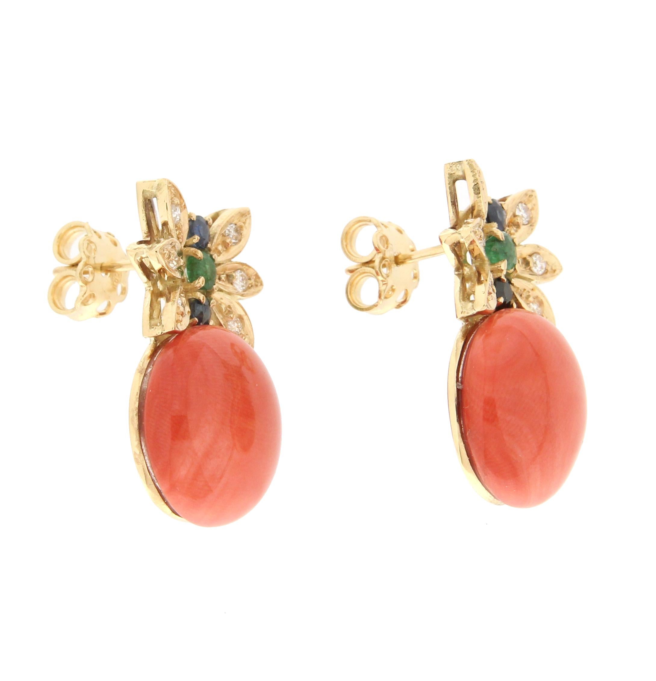 Brilliant Cut Handcraft Coral 18 Karat Yellow Gold Diamonds Sapphires Emeralds Stud Earrings For Sale