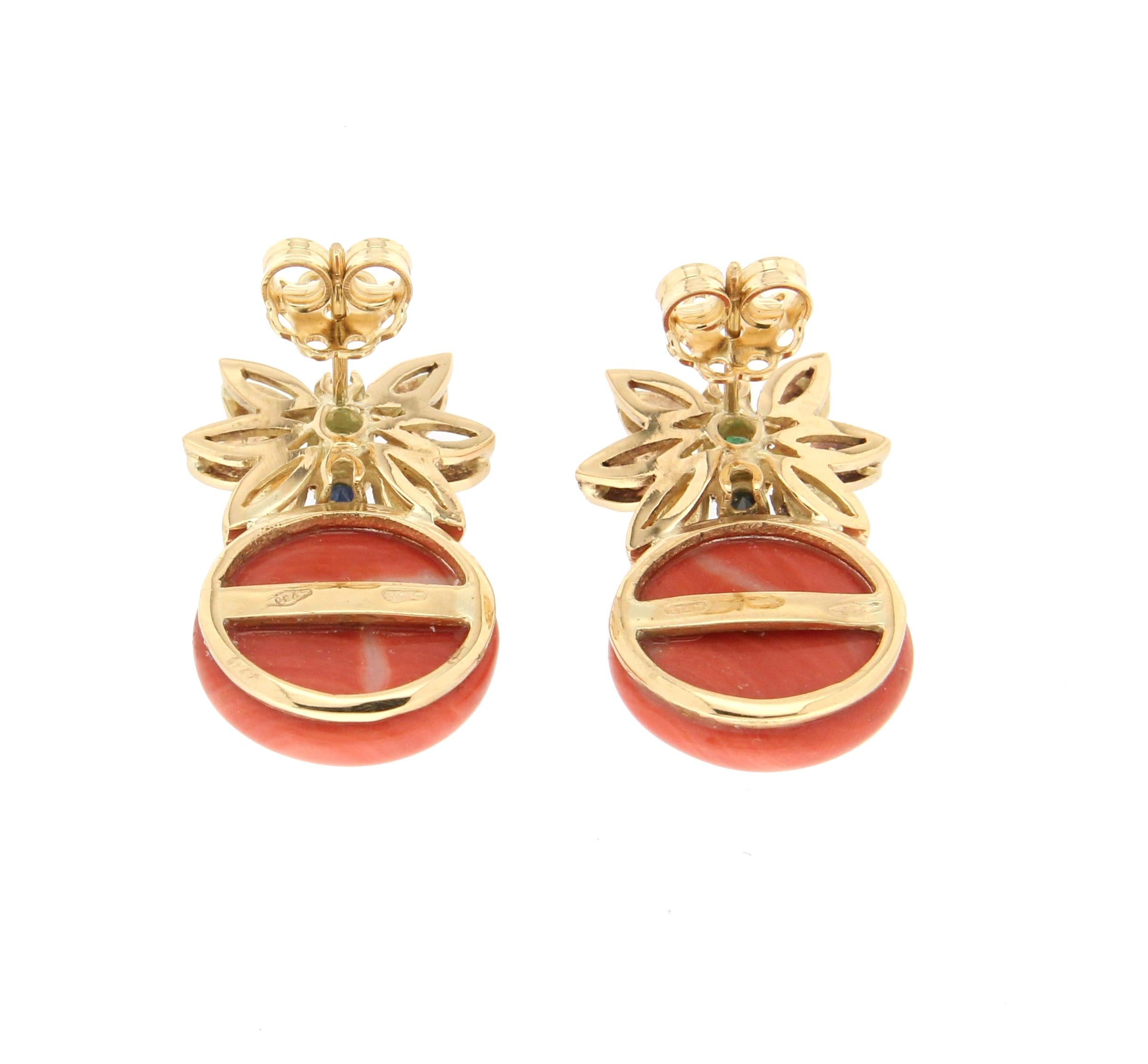 Women's or Men's Handcraft Coral 18 Karat Yellow Gold Diamonds Sapphires Emeralds Stud Earrings For Sale