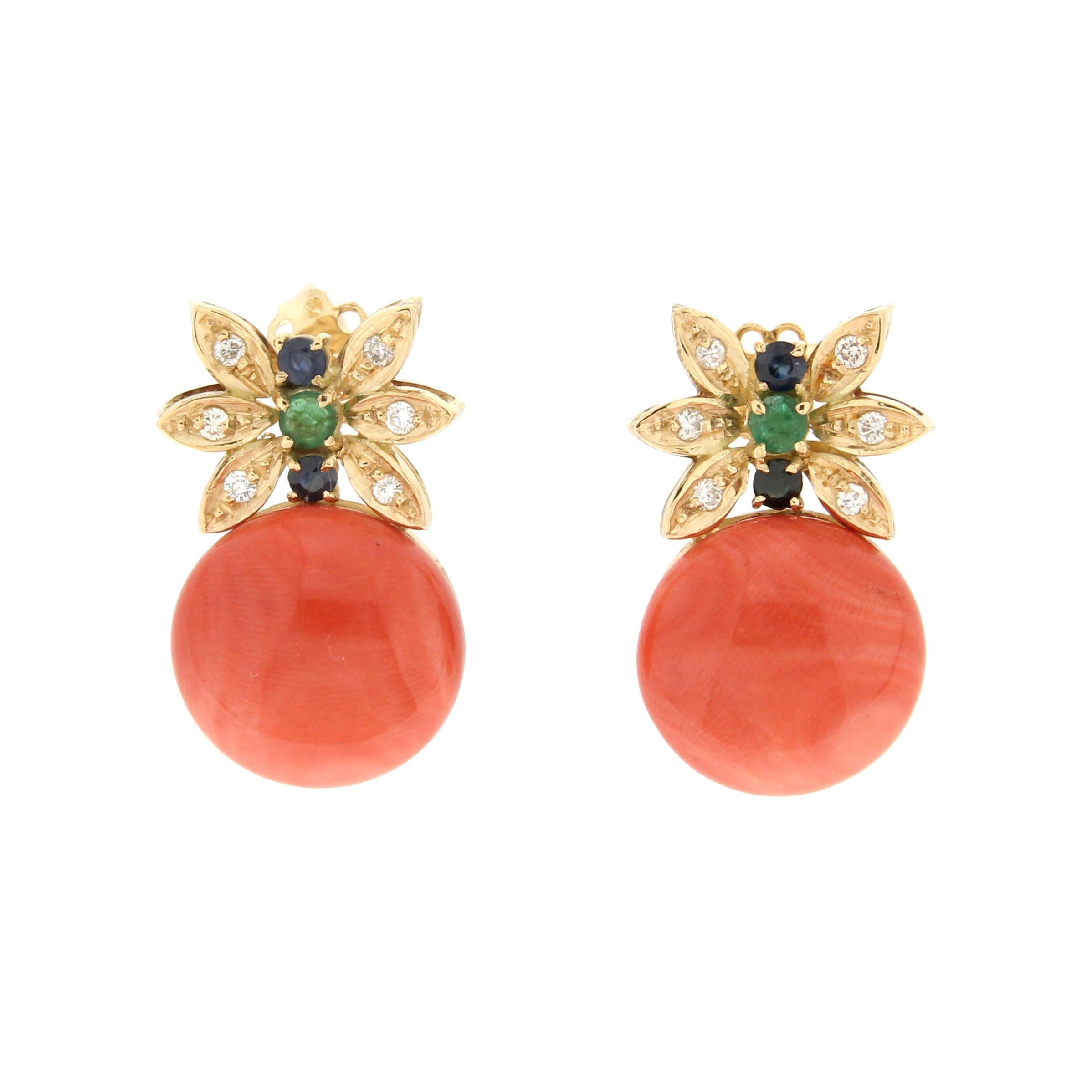 Handcraft Coral 18 Karat Yellow Gold Diamonds Sapphires Emeralds Stud Earrings For Sale