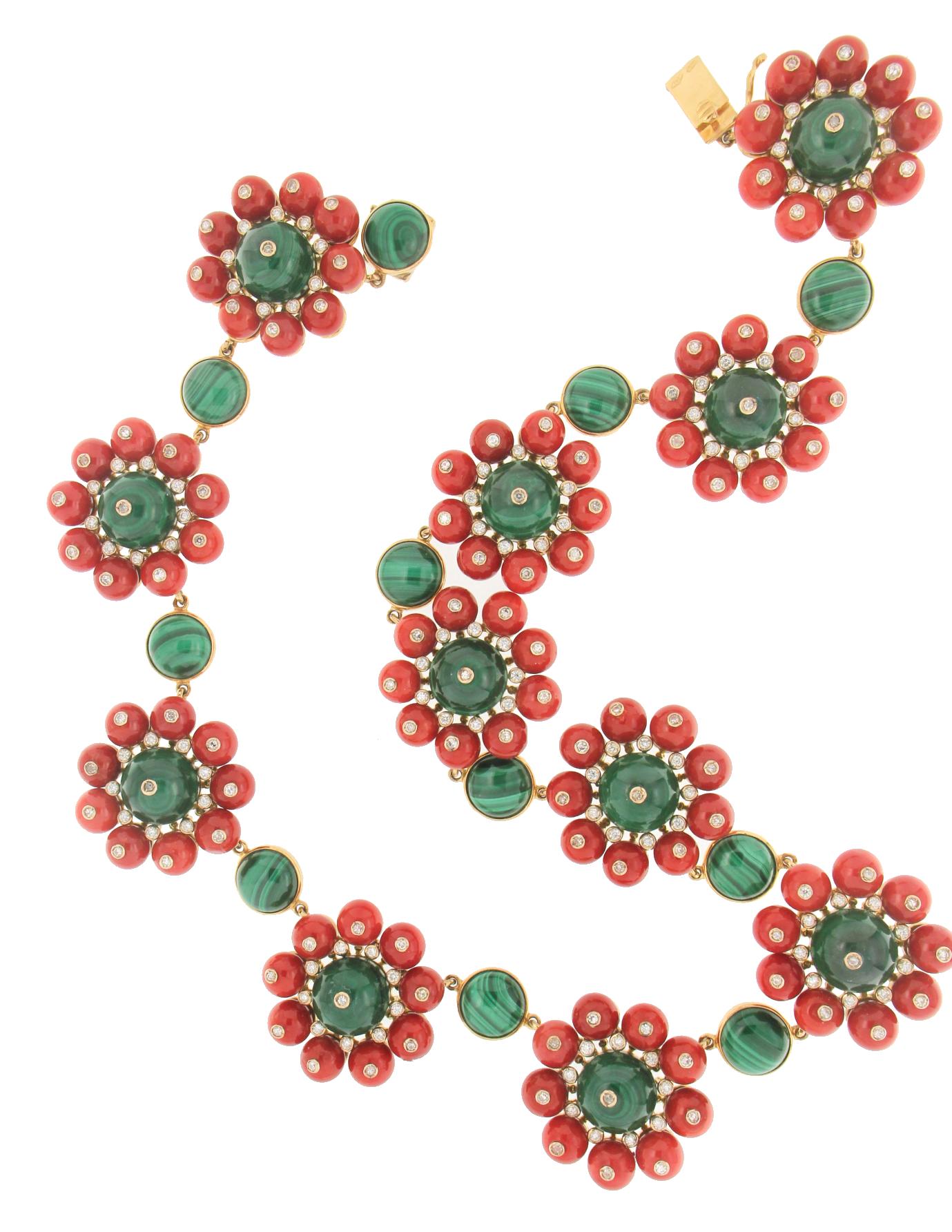 Handcraft Koralle 18 Karat Gelbgold Malachit Diamanten Choker Halskette (Kunsthandwerker*in)