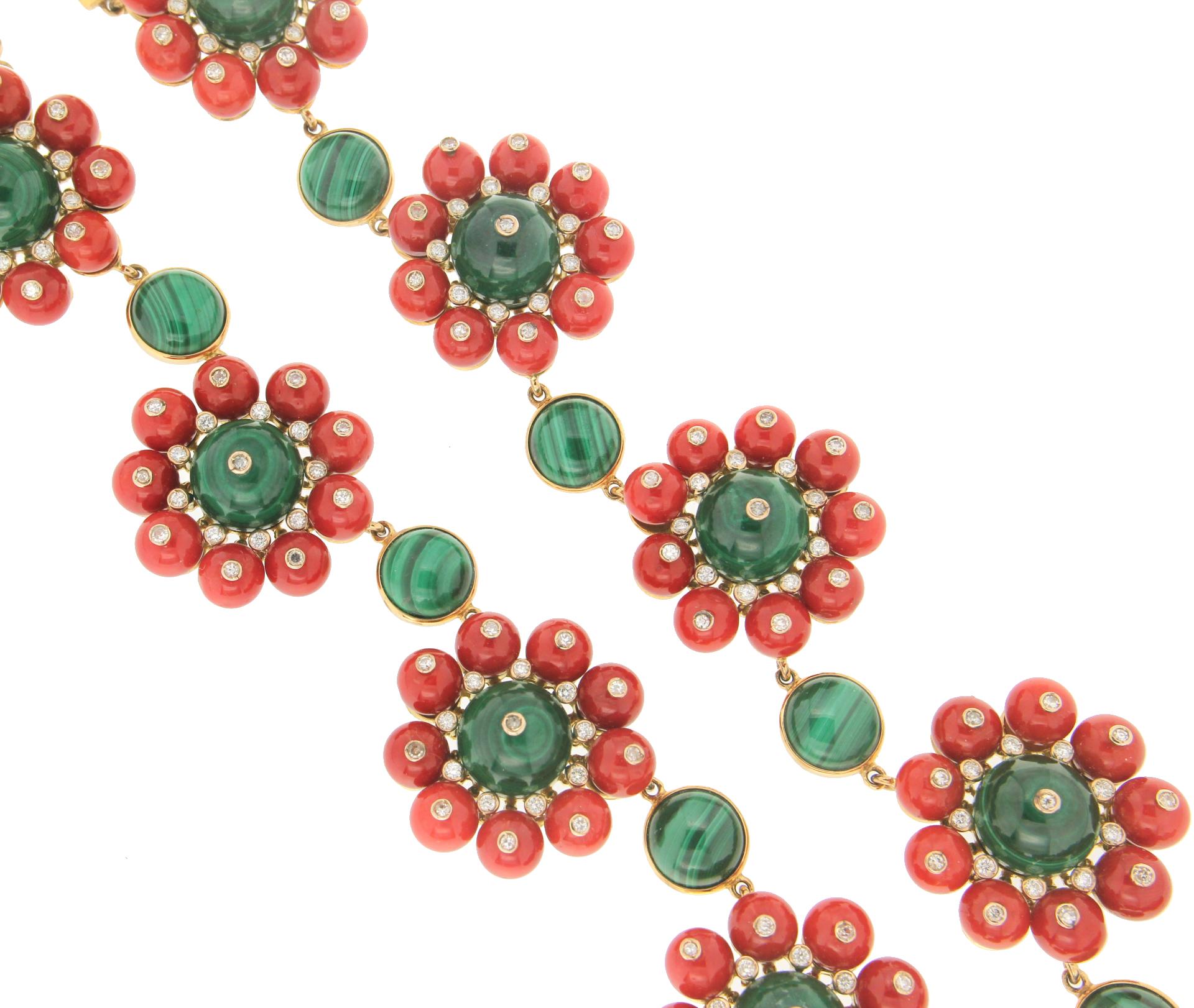 Women's Handcraft Coral 18 Karat Yellow Gold Malachite Diamonds Choker Necklace