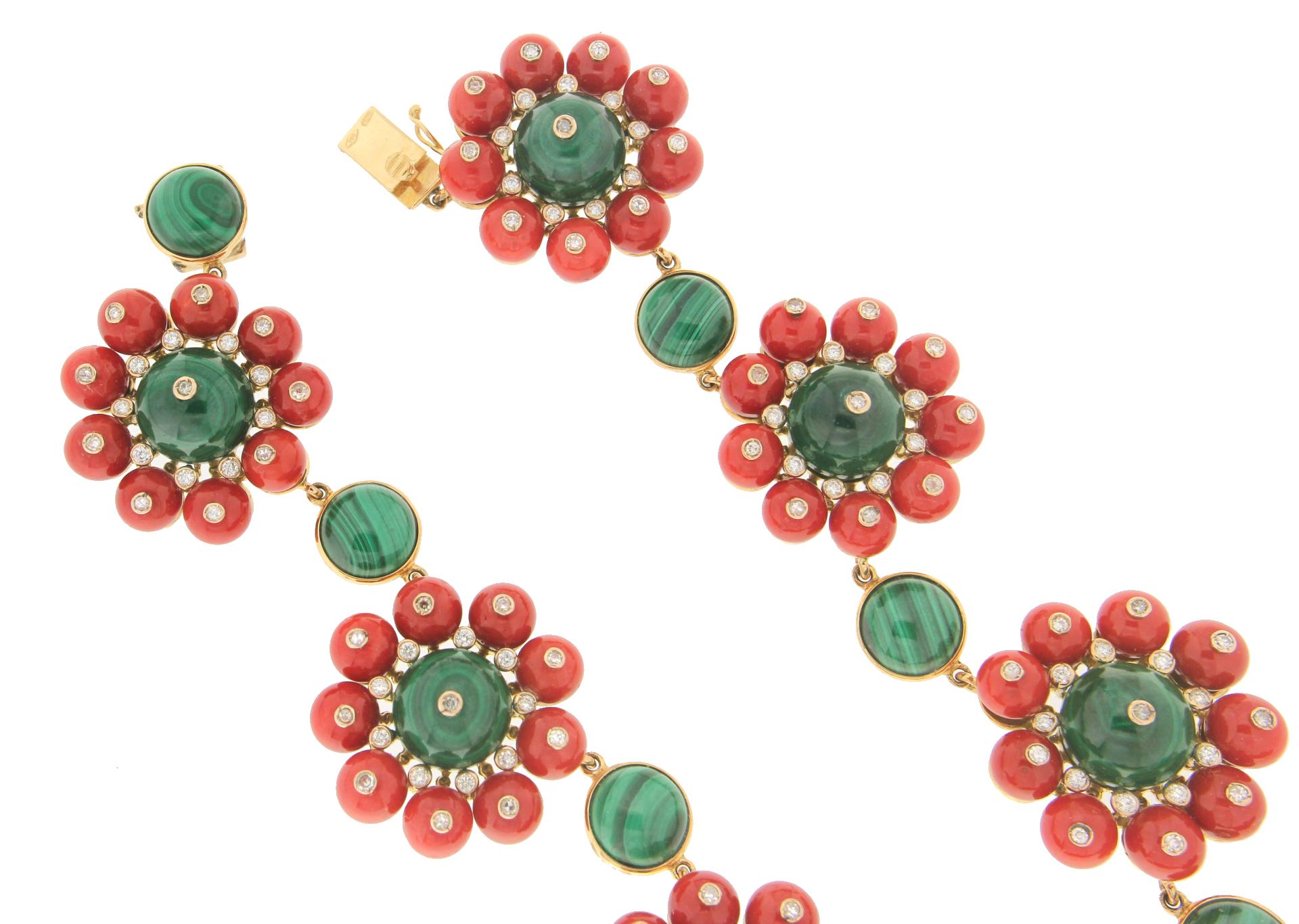 Handcraft Koralle 18 Karat Gelbgold Malachit Diamanten Choker Halskette 1