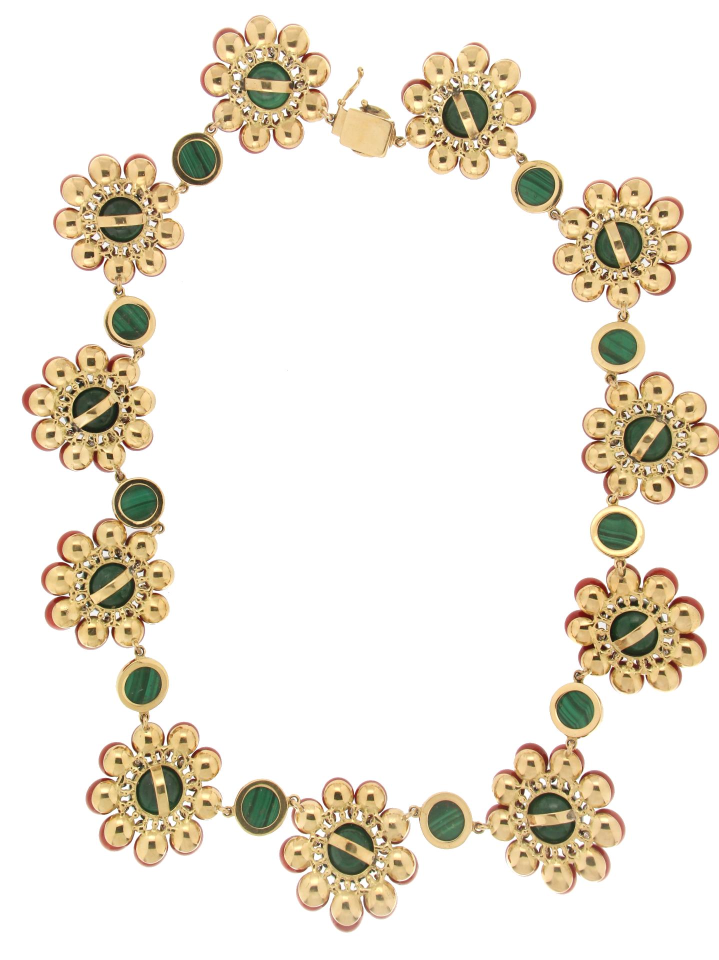 Handcraft Coral 18 Karat Yellow Gold Malachite Diamonds Choker Necklace 2