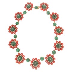 Handcraft Coral 18 Karat Yellow Gold Malachite Diamonds Choker Necklace