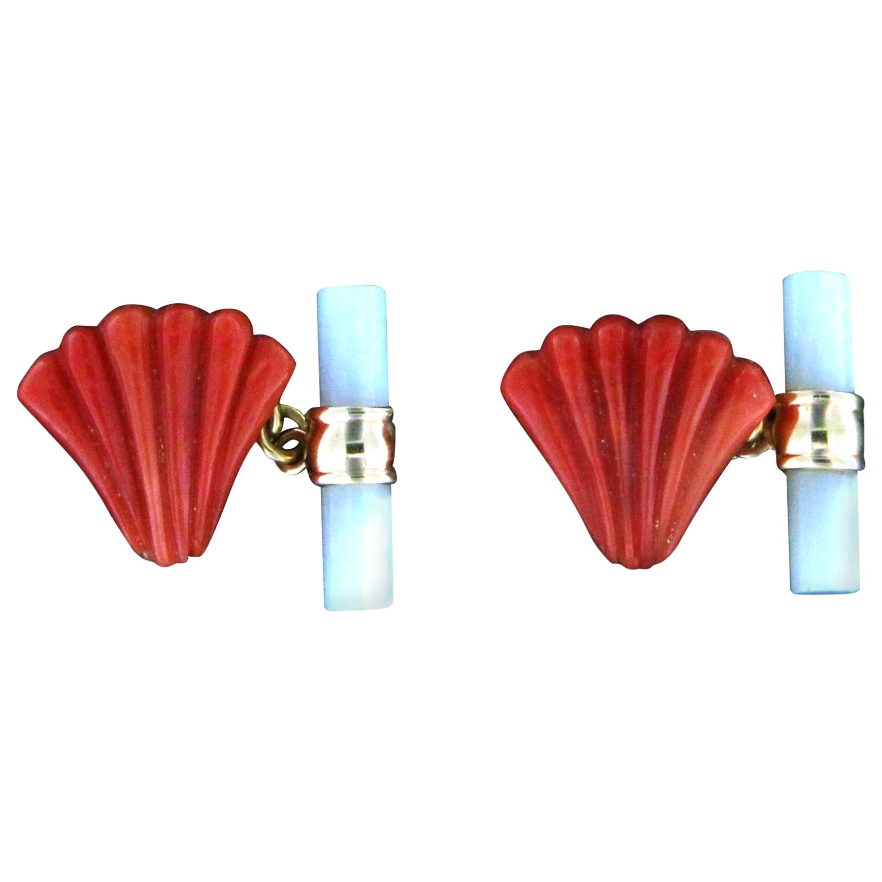 Handcraft Coral 18 Karat Yellow Gold Mother of Pearl Barrel Cufflinks For Sale
