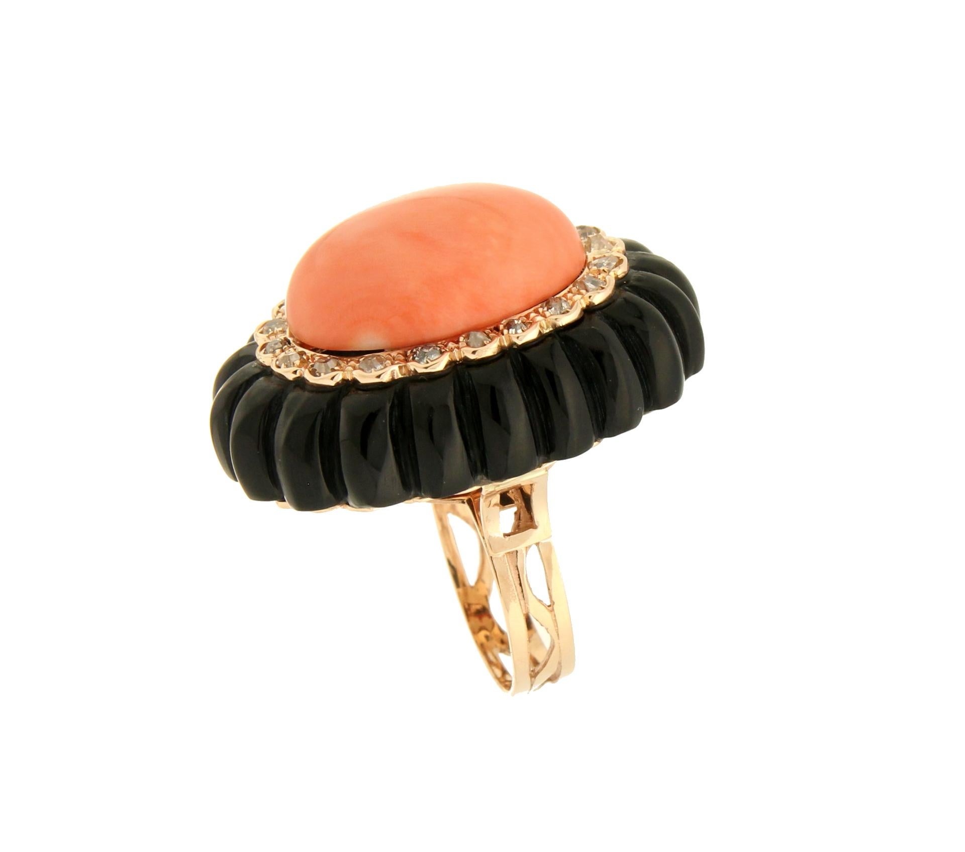 Rose Cut Handcraft Coral 14 Karat Yellow Gold Onyx Diamonds Cocktail Ring