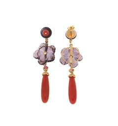 Handcraft Coral 18 Karat Yellow Gold Ruby Diamonds and Amethyst Drop Earrings