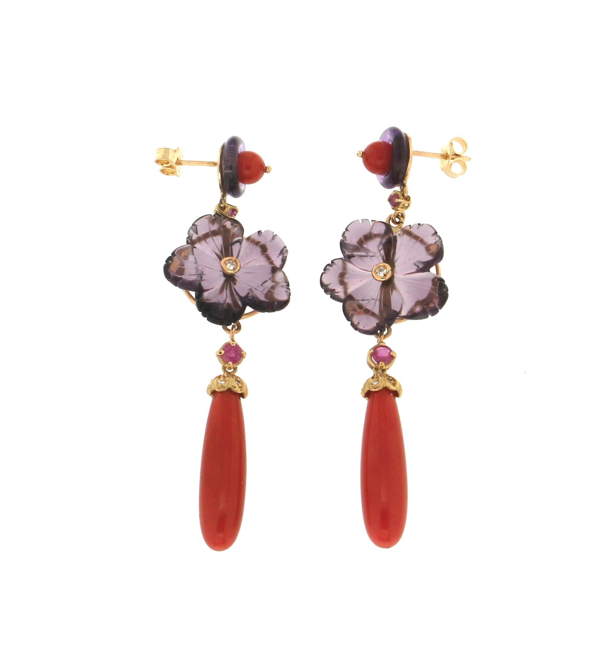 Artisan Handcraft Coral 18 Karat Yellow Gold Ruby Diamonds and Amethyst Drop Earrings For Sale