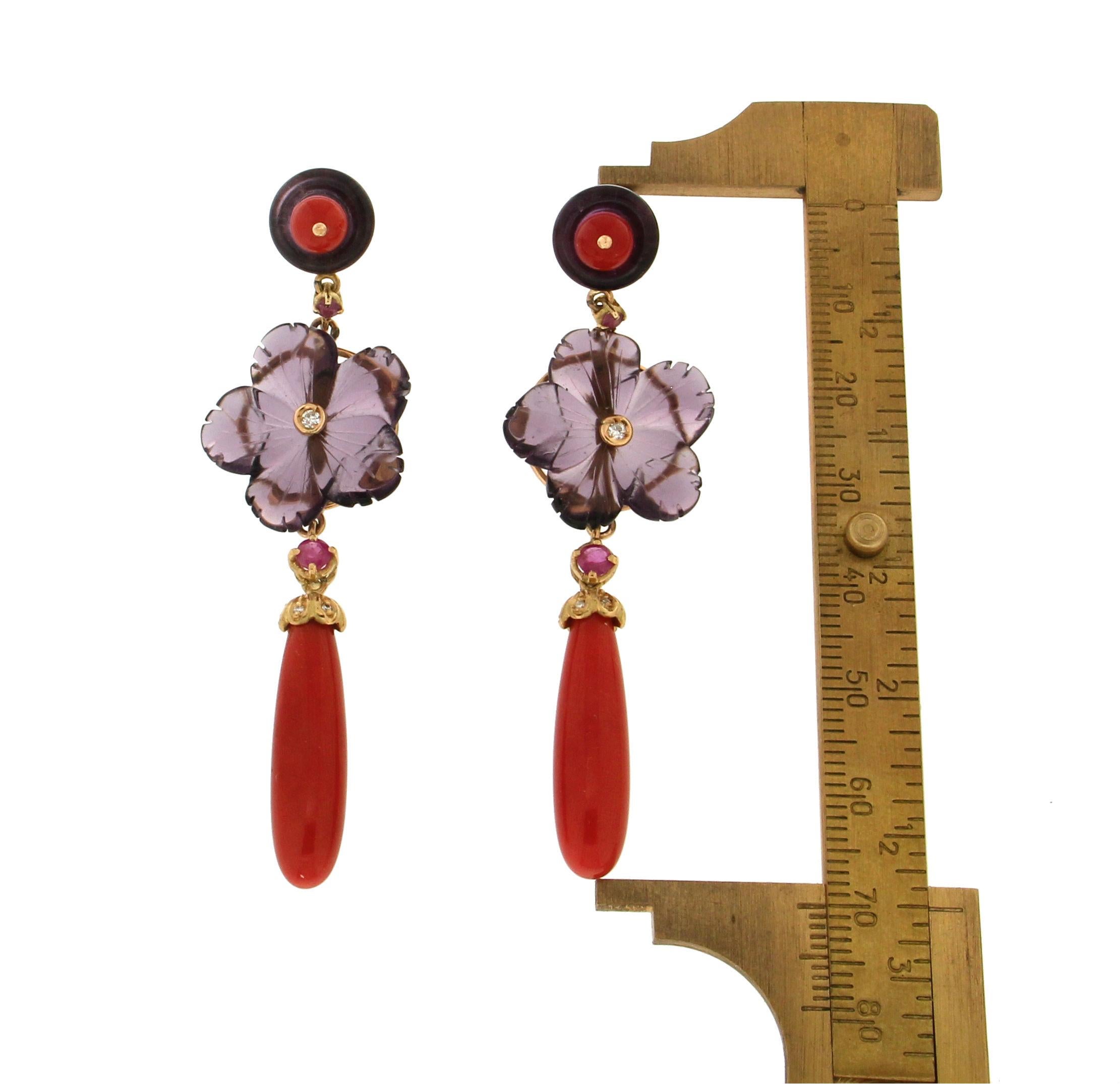 Mixed Cut Handcraft Coral 18 Karat Yellow Gold Ruby Diamonds and Amethyst Drop Earrings For Sale