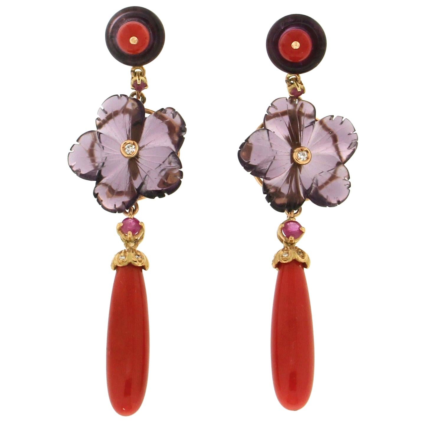 Handcraft Coral 18 Karat Yellow Gold Ruby Diamonds and Amethyst Drop Earrings For Sale