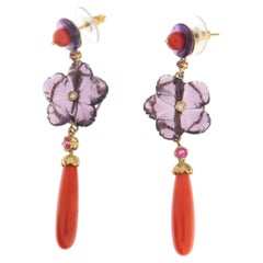 Contemporary 18K Gold Amethyst Flower & Coral, Ruby, Diamond, Drop Earrings