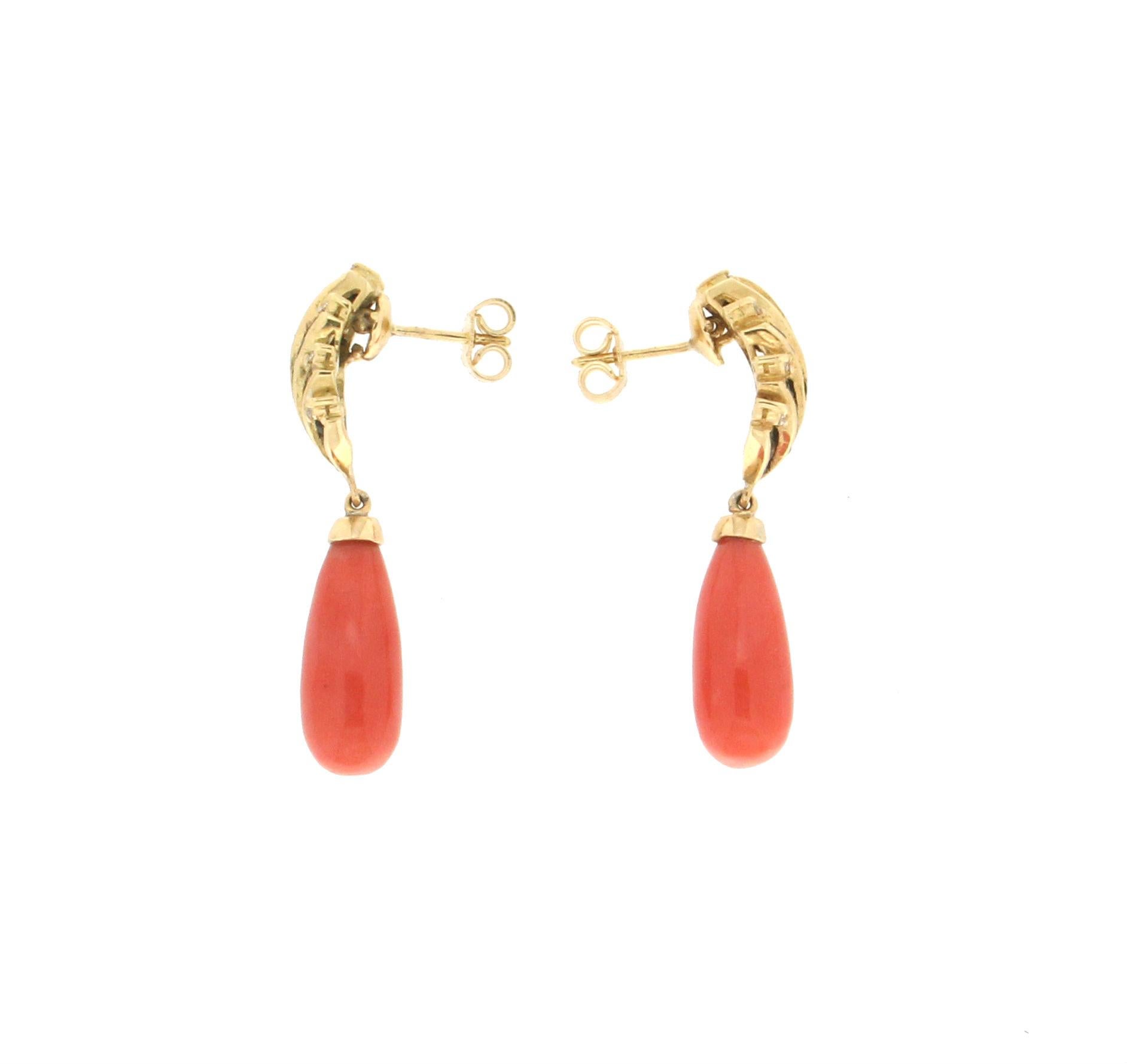 Artisan Handcraft Coral 18 Karat Yellow Gold Sapphires Diamonds Drop Earrings For Sale