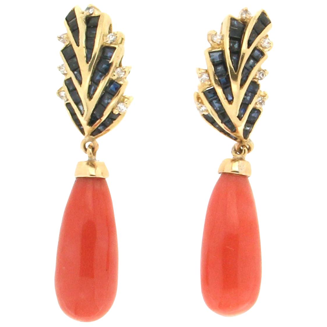 Handcraft Coral 18 Karat Yellow Gold Sapphires Diamonds Drop Earrings For Sale
