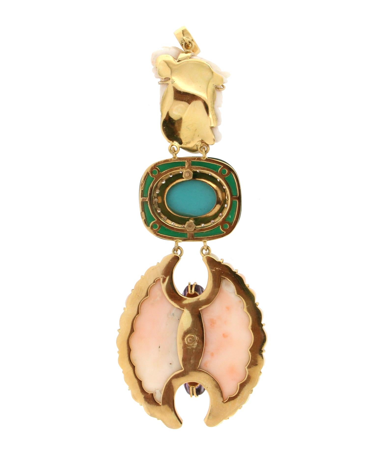 Women's or Men's Handcraft Coral 18 Karat Yellow Gold Turquoise Diamond Amethyst Pendant Necklace