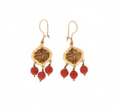 Vintage 9K Yellow Gold Natural Beads Coral Drop Earrings, Artisan Style, Italy