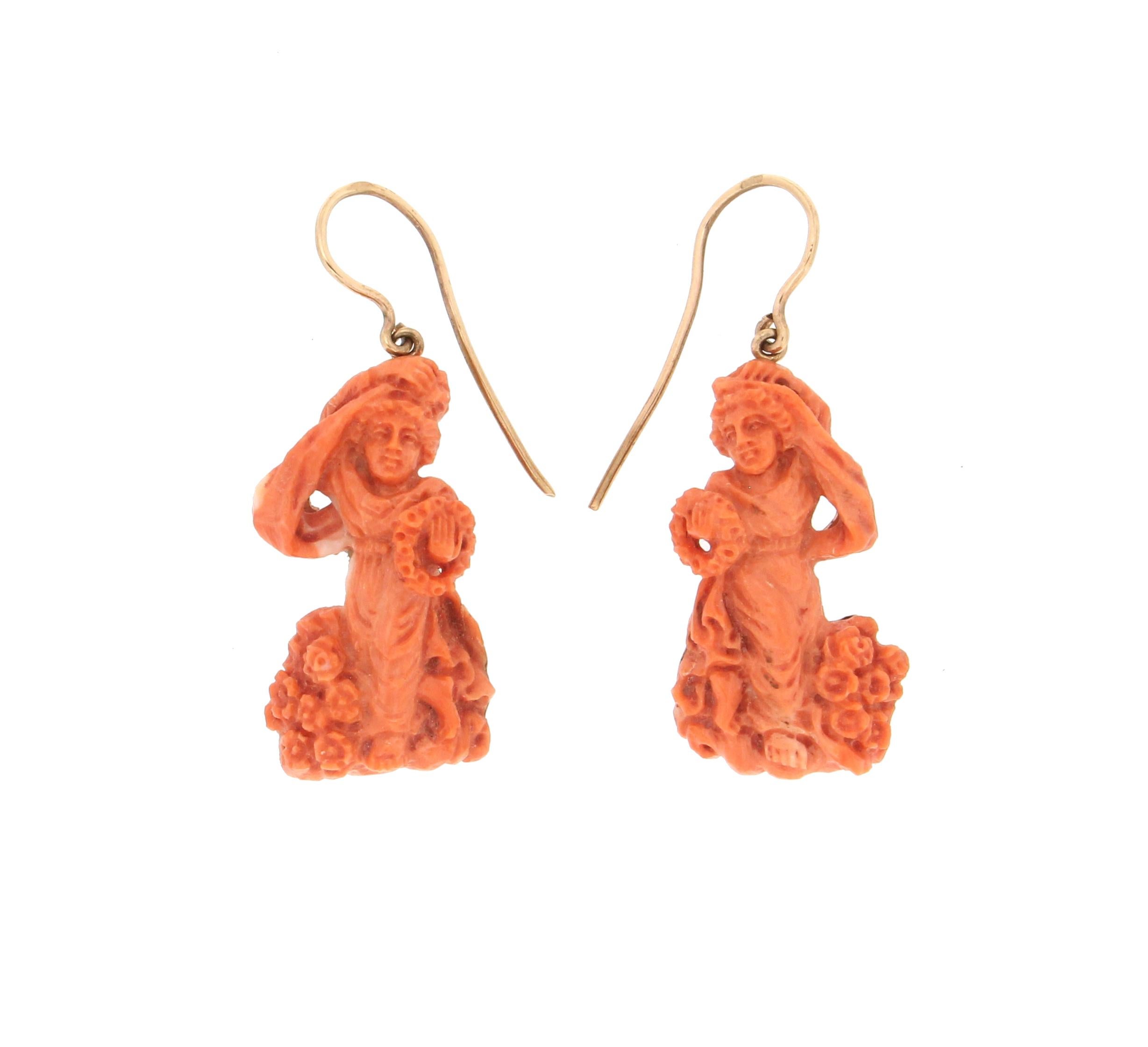 Artisan Handcraft Coral 9 Karat Yellow Gold Drop Earrings