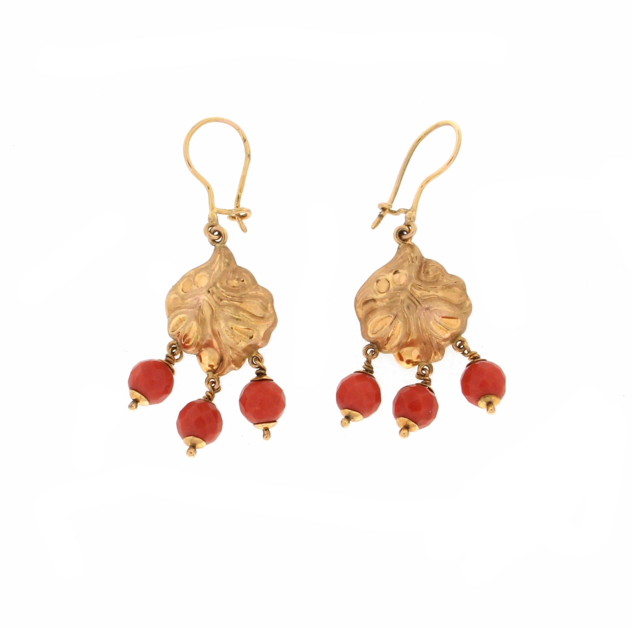 Artisan Handcraft Coral 9 Karat Yellow Gold Drop Earrings For Sale