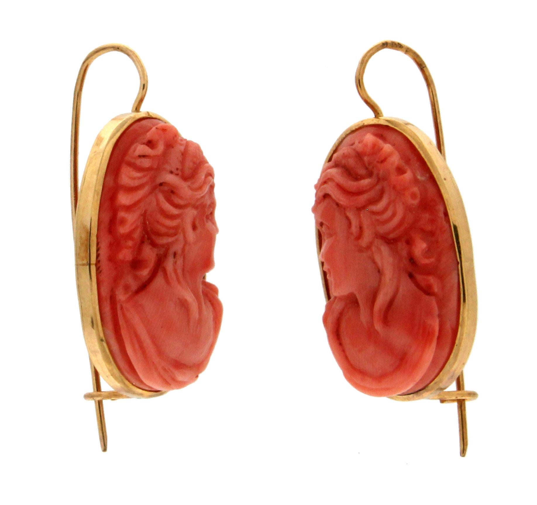 Uncut Handcraft Coral 9 Karat Yellow Gold Drop Earrings