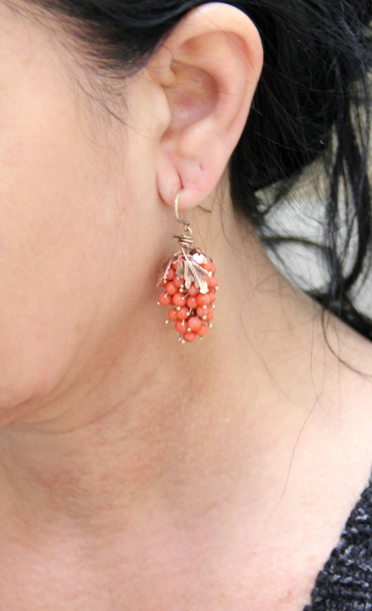 Women's Handcraft Coral 9 Karat Yellow Gold Drop Earrings