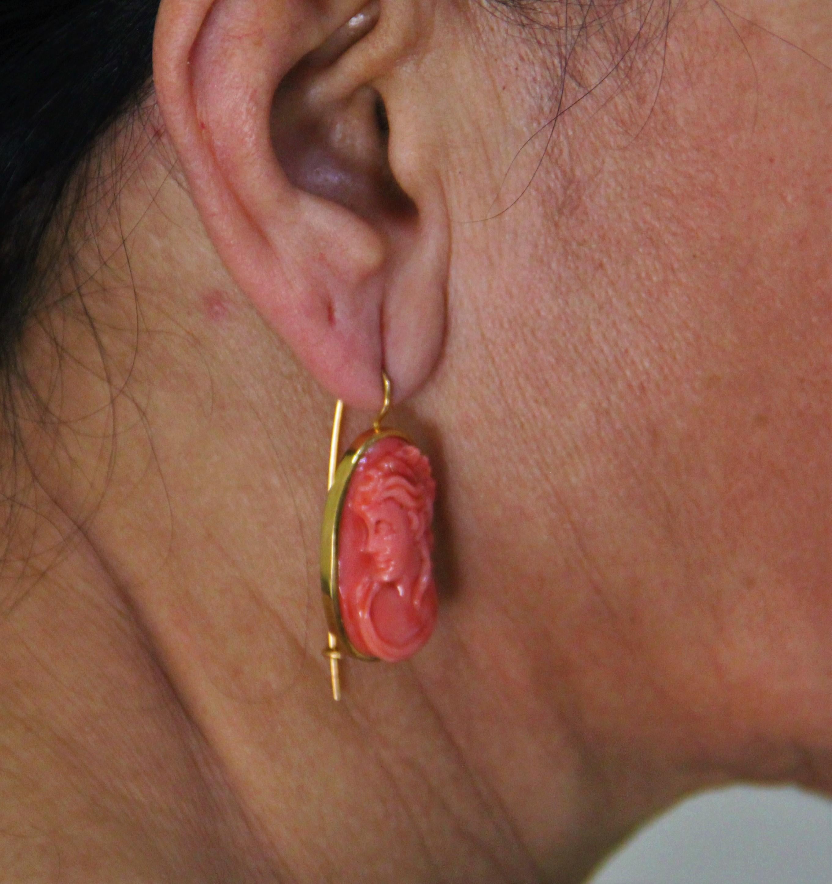 Handcraft Coral 9 Karat Yellow Gold Drop Earrings 4