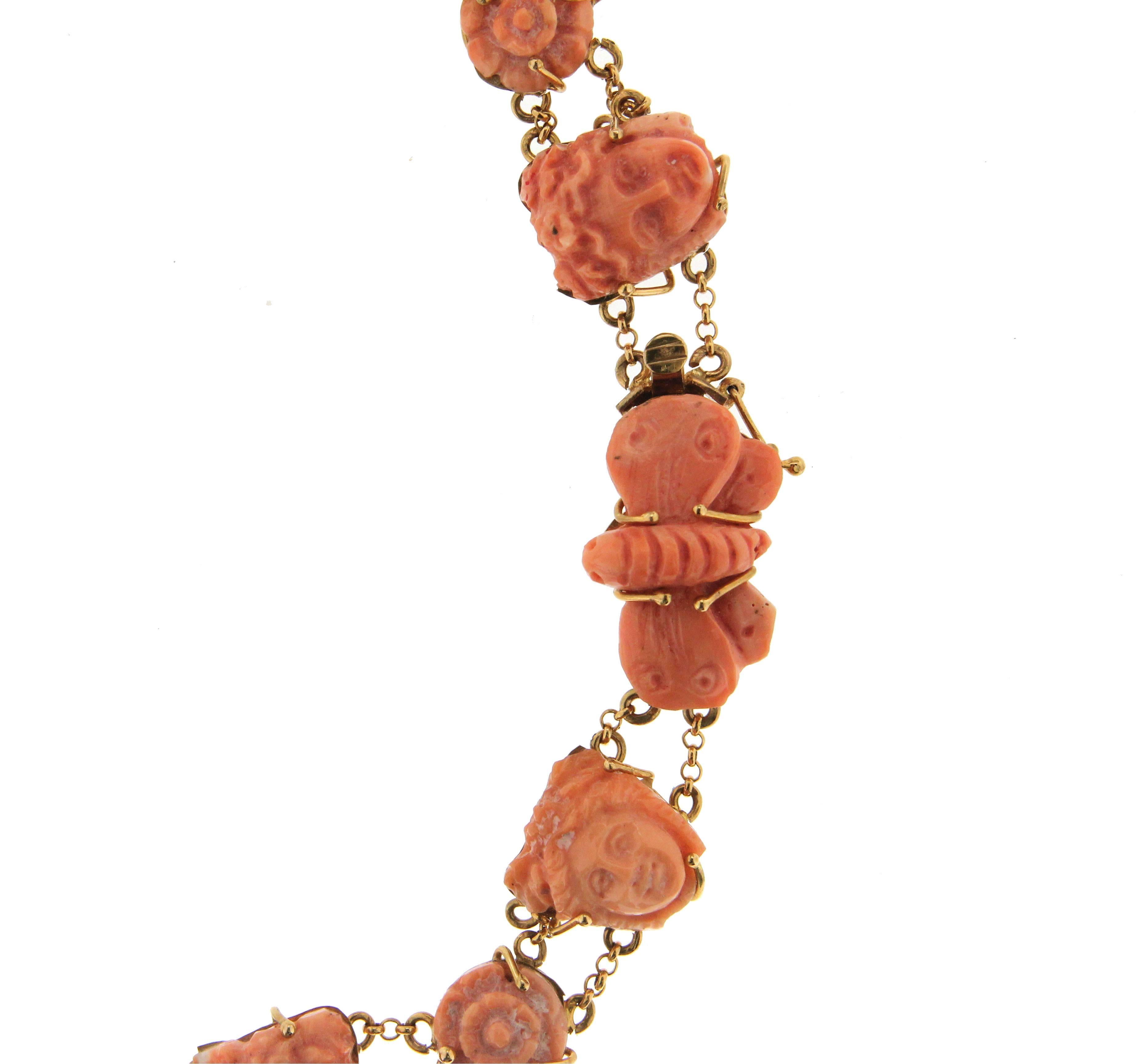 Artisan Handcraft Coral 9 Karat Yellow Gold Drop Necklace For Sale